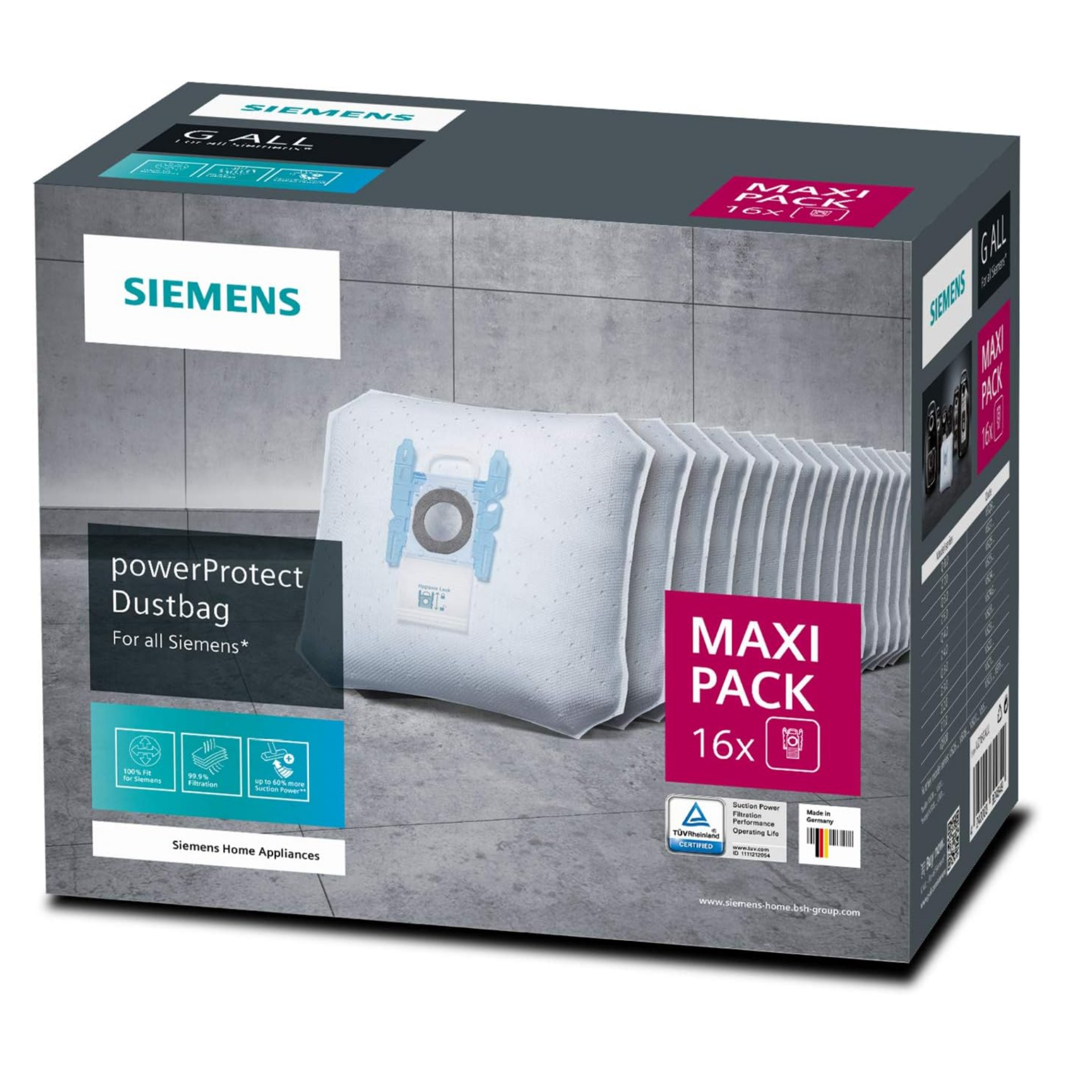 Siemens Powerprotect Elektrikli Süpürge Torbası Vz16Gall (16 Adet), Kilitli, Verimli Motor Koruması, %50 Daha Uzun Kullanım Süresi, Vs08, Vs01 Hariç Tüm Üretim Serileri